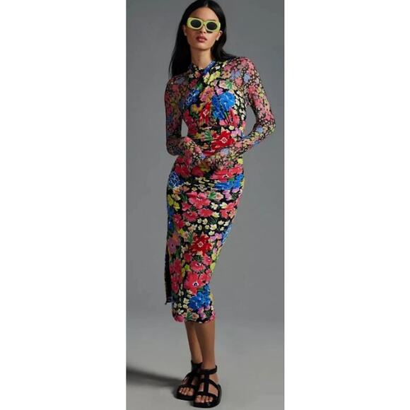 Anthropologie Mesh Halter Mock-Neck Dress – Floral Bodycon Midi, Size S - Picture 1 of 8